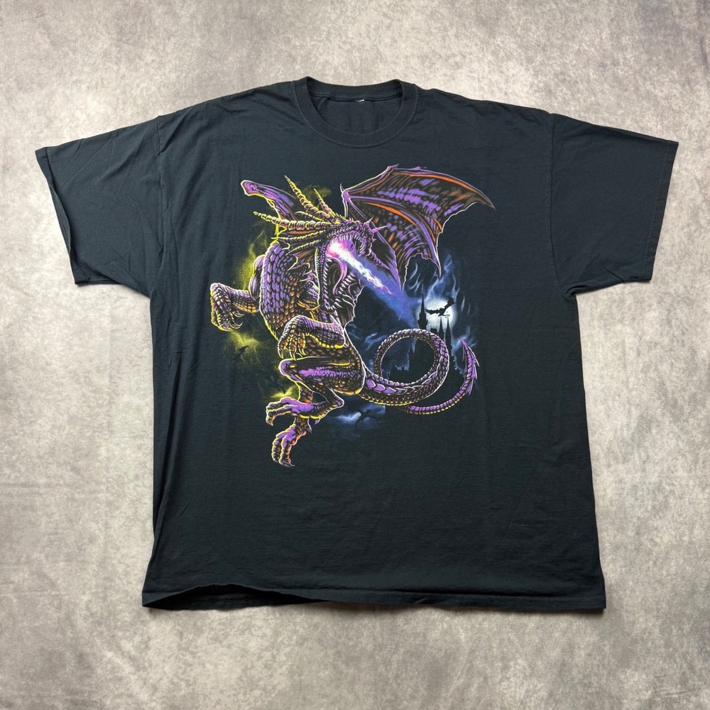 Mens Black Dragon Graphic T-Shirt Fantasy Castle Purple 2XL Short Sleeve Tee